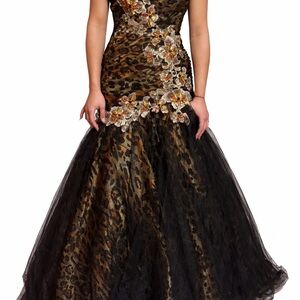 Leopard Print Black and Gold Mermaid Evening Dress